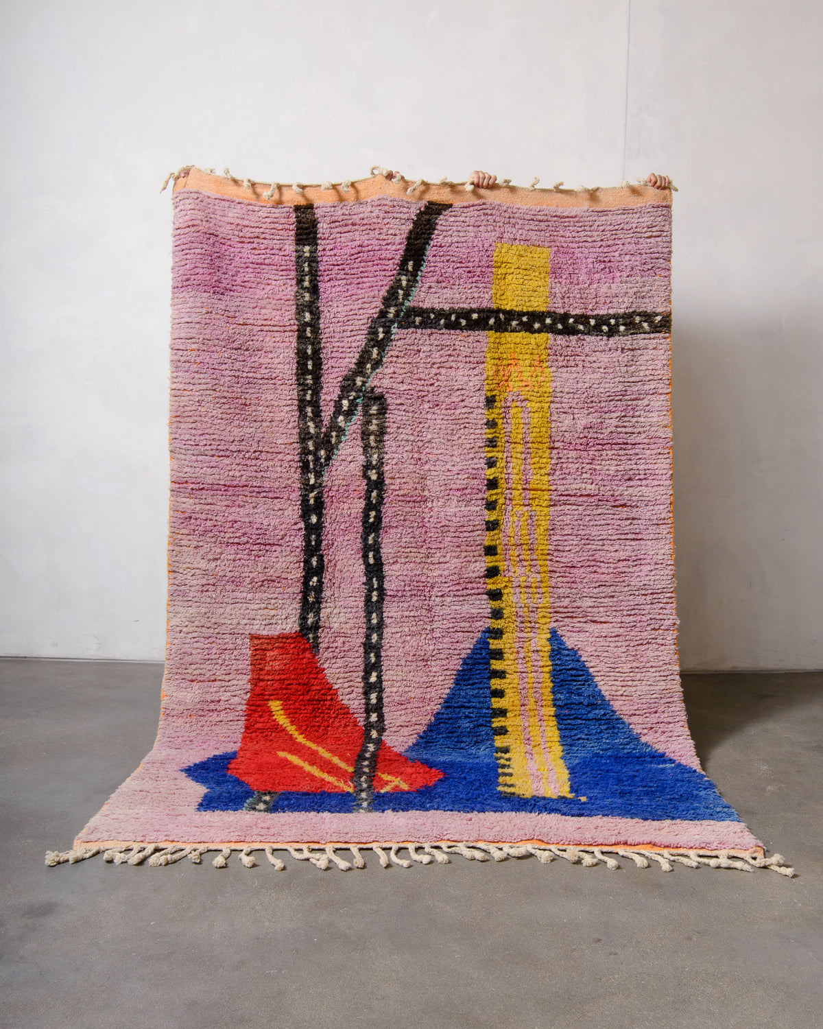 Modern, designer, handcrafted Berber rug from Morocco. Beniourain carpet with beautiful colours and patterns and fluffy wool texture.